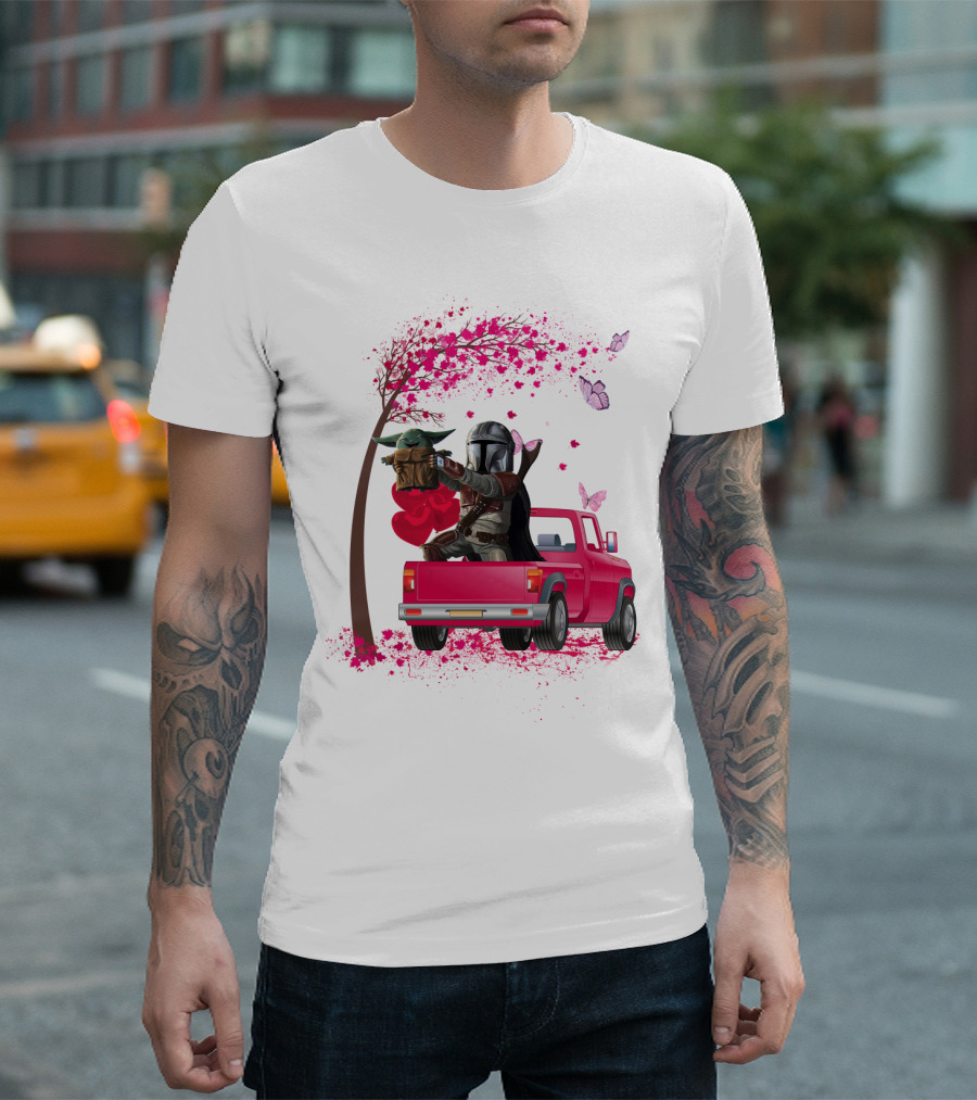 The Mandalorian With Yoda In Pink Truck Valentine Theme T-Shirt