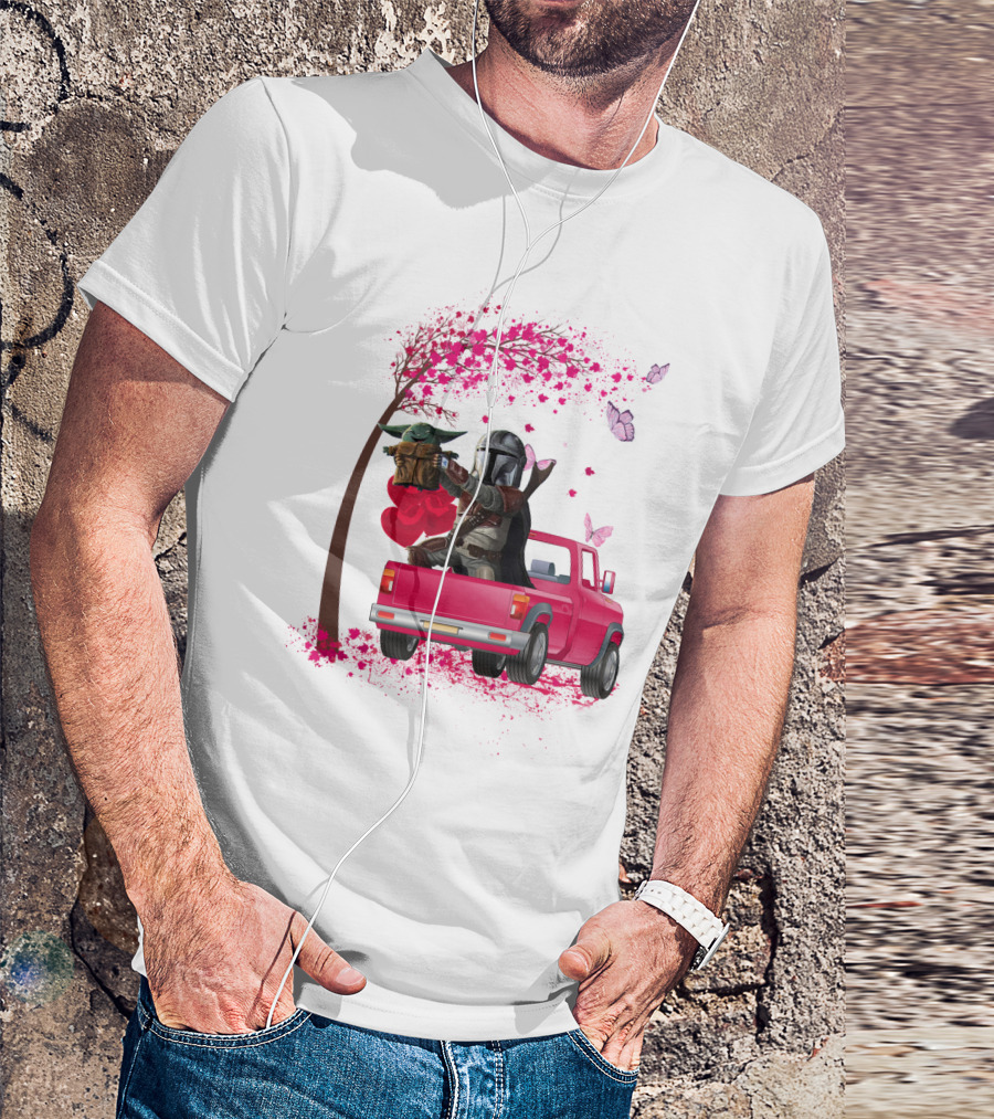 The Mandalorian With Yoda In Pink Truck Valentine Theme T-Shirt