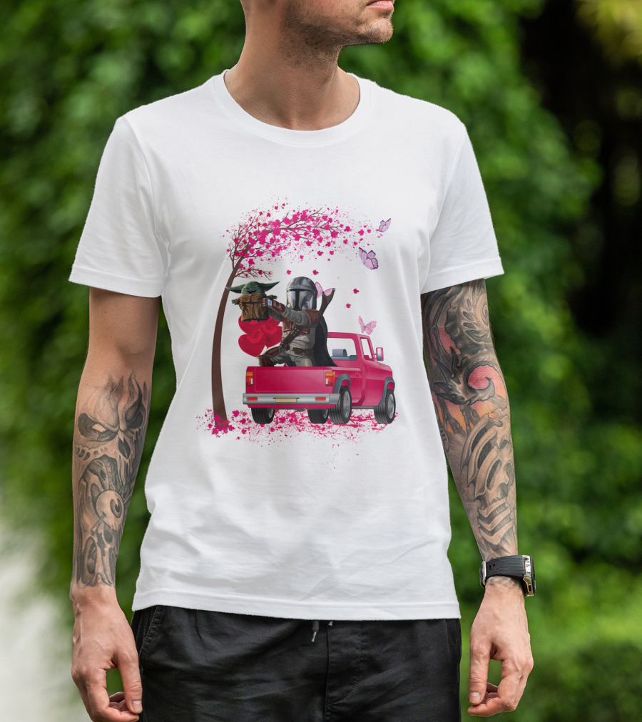 The Mandalorian With Yoda In Pink Truck Valentine Theme T-Shirt