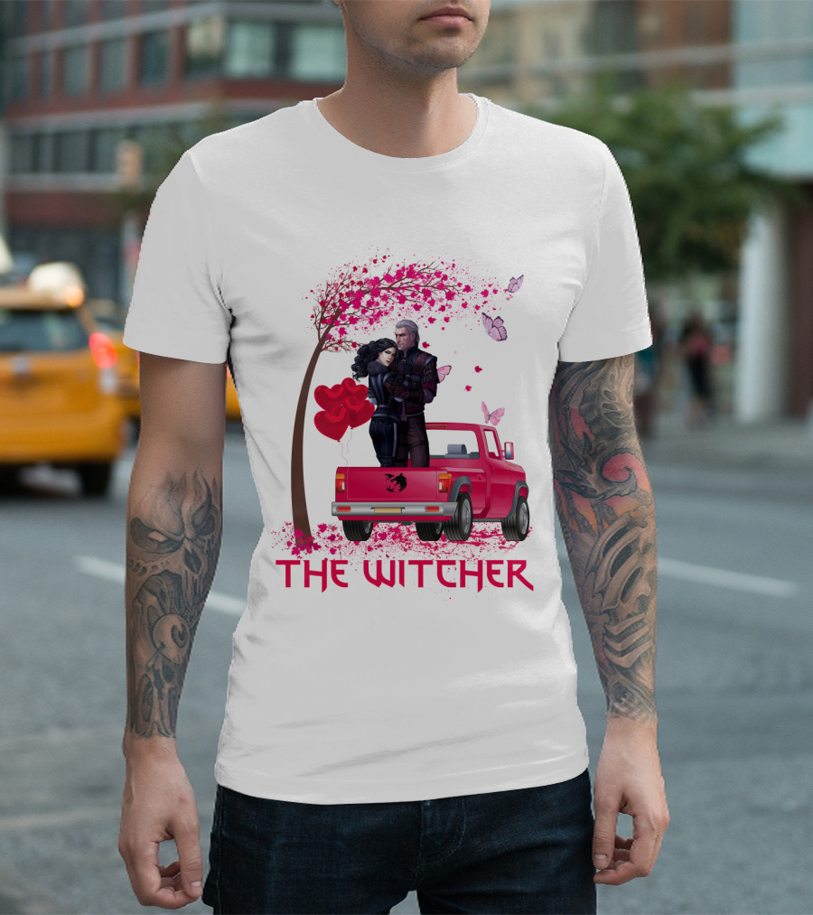 The Witcher Romantic Scene With Hearts And Butterflies T-Shirt