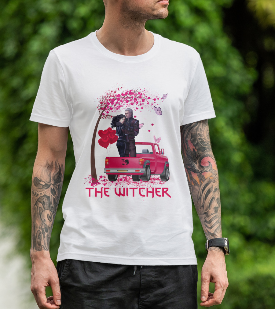 The Witcher Romantic Scene With Hearts And Butterflies T-Shirt