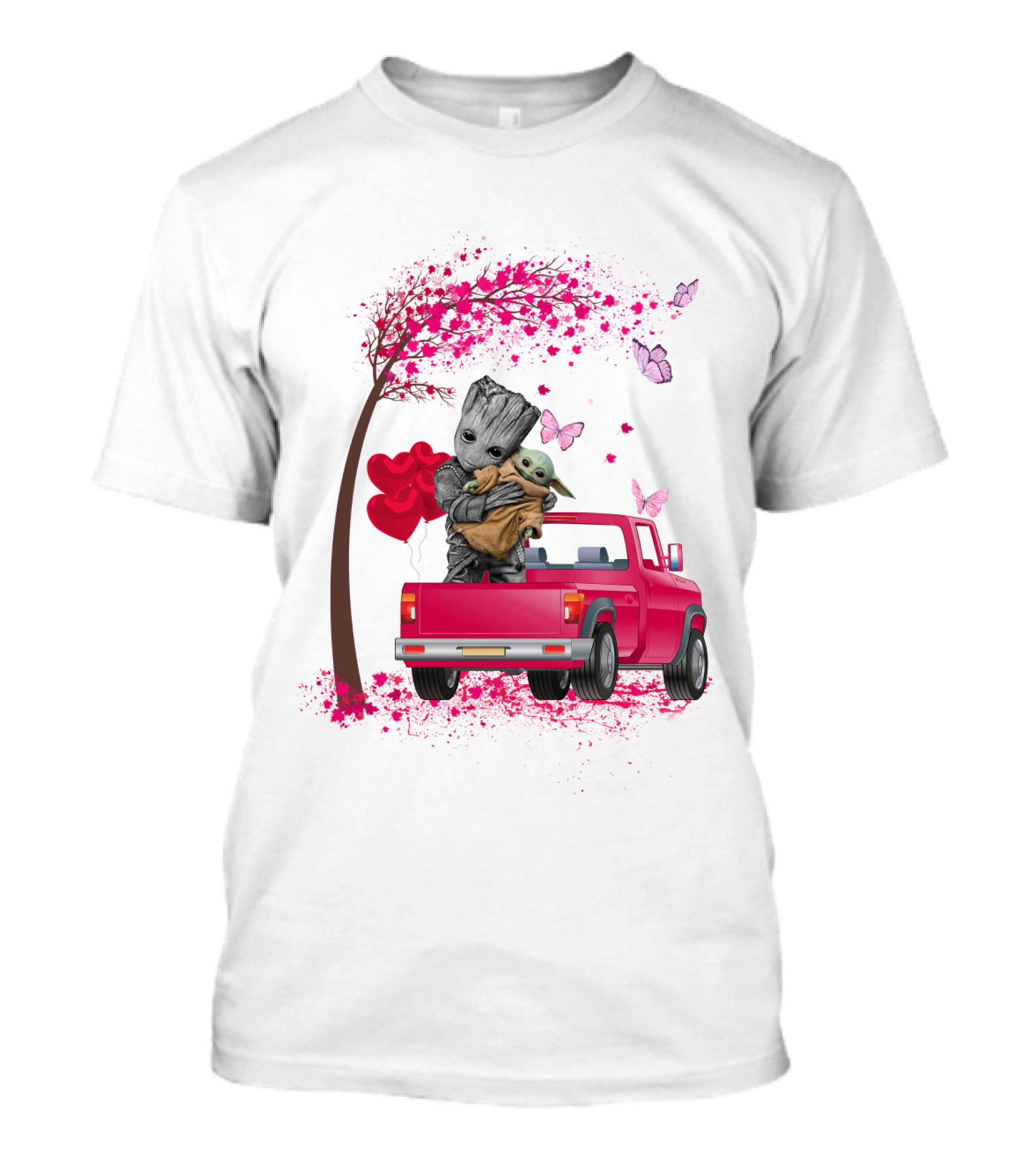 Groot And Yoda In Red Truck With Heart Balloons And Butterflies T-Shirt