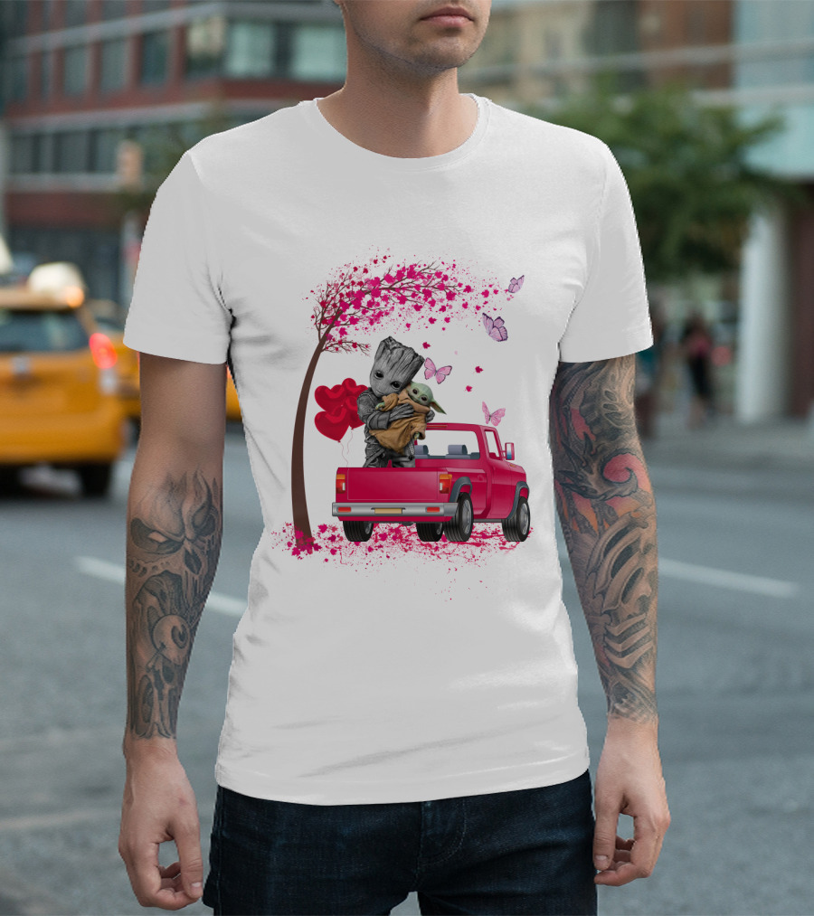 Groot And Yoda In Red Truck With Heart Balloons And Butterflies T-Shirt