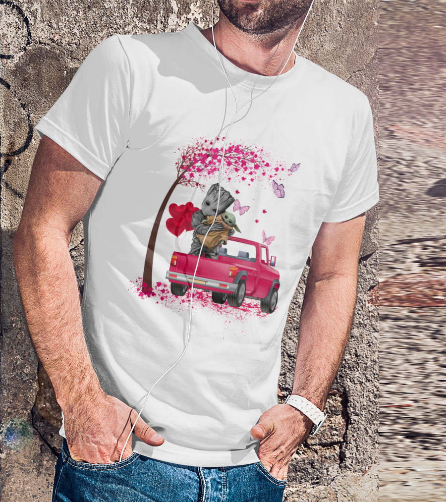Groot And Yoda In Red Truck With Heart Balloons And Butterflies T-Shirt
