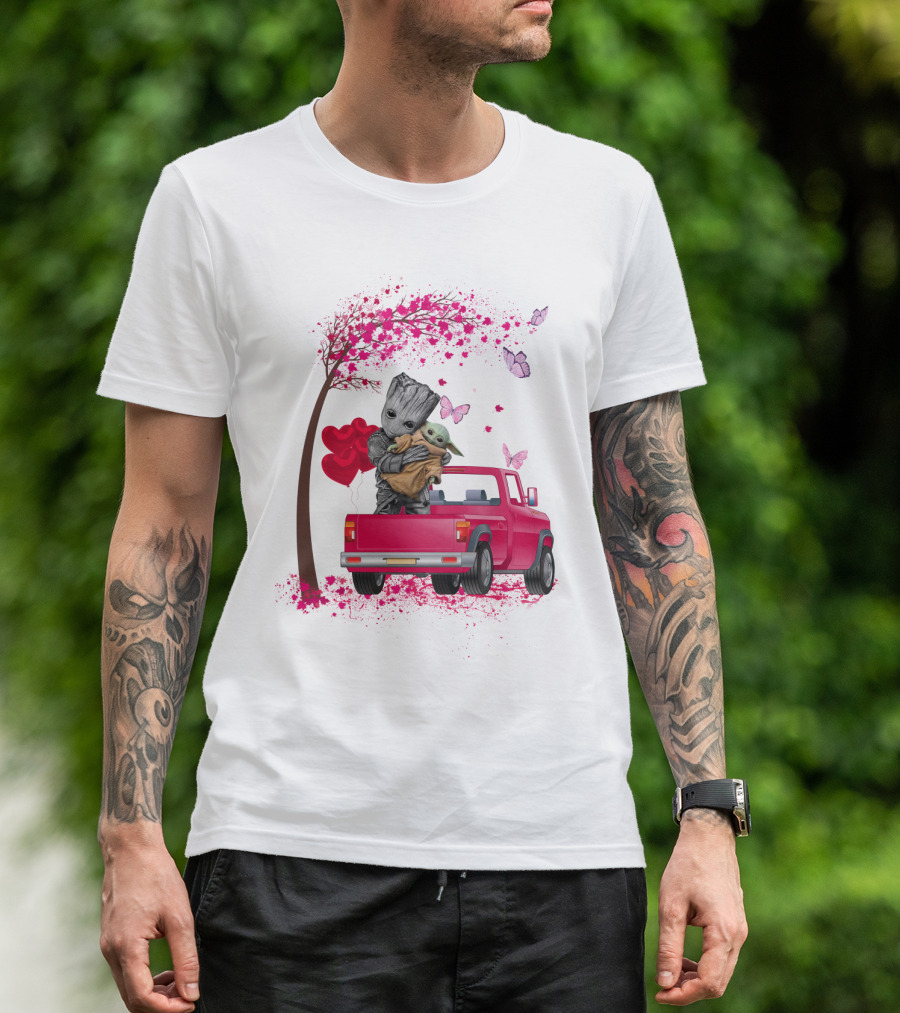Groot And Yoda In Red Truck With Heart Balloons And Butterflies T-Shirt