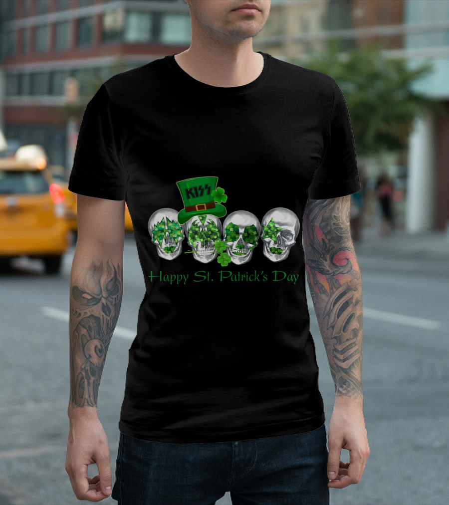 Happy St. Patrick's Day Kiss Skull Clover帽子 T-Shirt