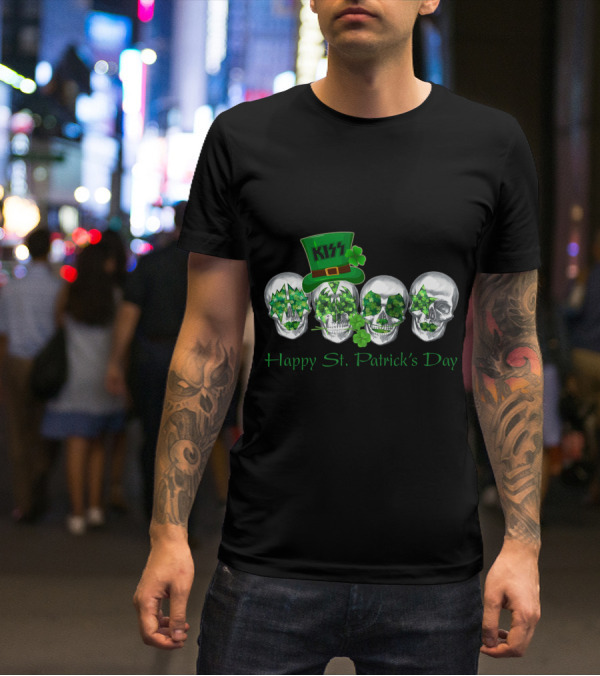Happy St. Patrick's Day Kiss Skull Clover帽子 T-Shirt