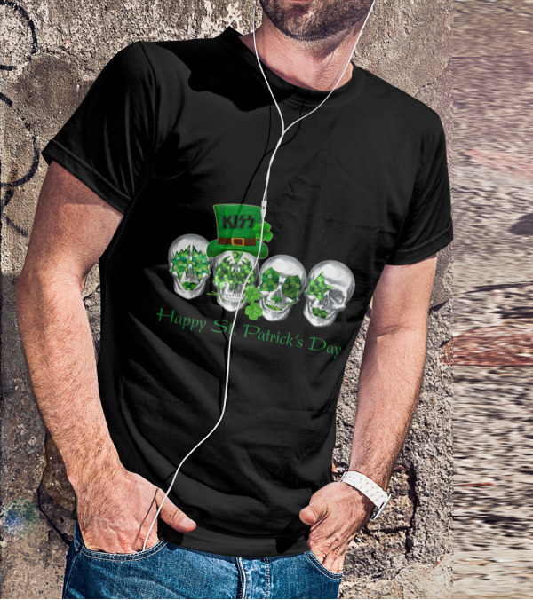Happy St. Patrick's Day Kiss Skull Clover帽子 T-Shirt