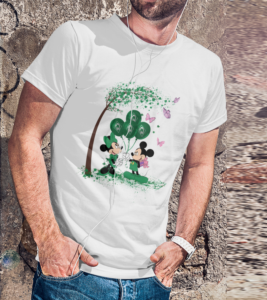 Minnie And Mickey With Green Werder Bremen Balloons Scene T-Shirt