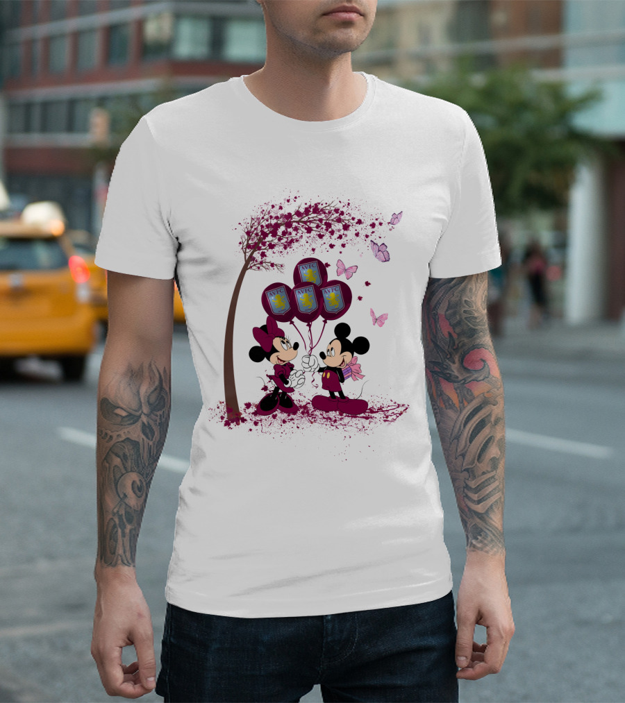 Aston Villa AVFC Balloons with Mickey and Minnie under Cherry Blossom Tree T-Shirt