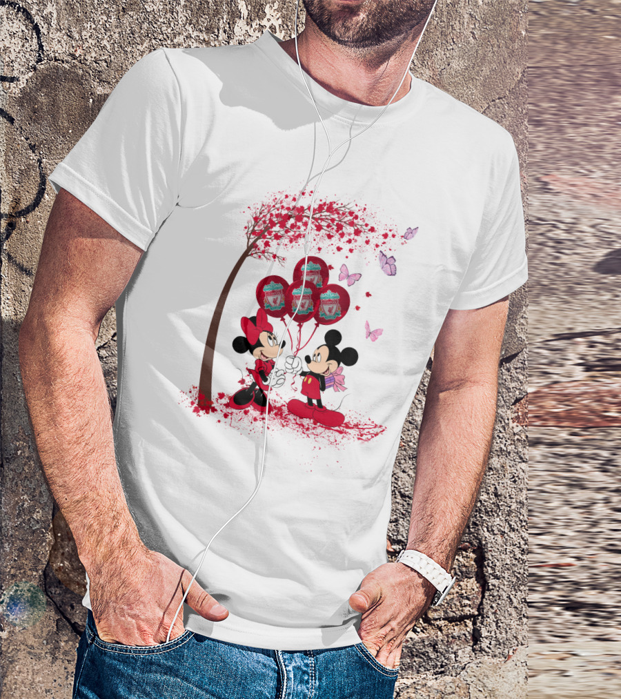 Mickey Minnie Holding Liverpool FC Balloons Under Blossoming Tree With Butterflies T-Shirt