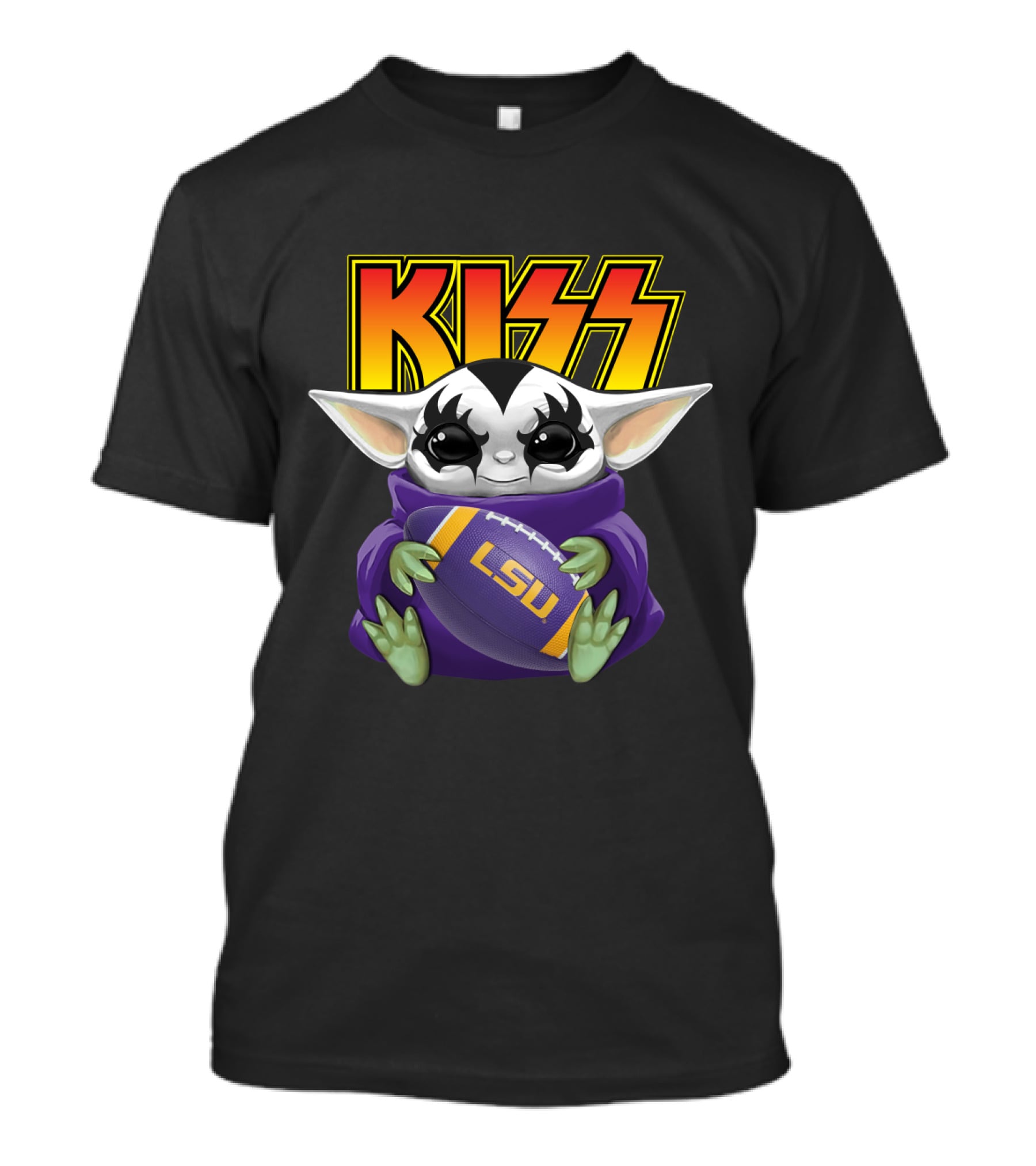 KISS Baby Yoda Holding LSU Tigers Football T-Shirt