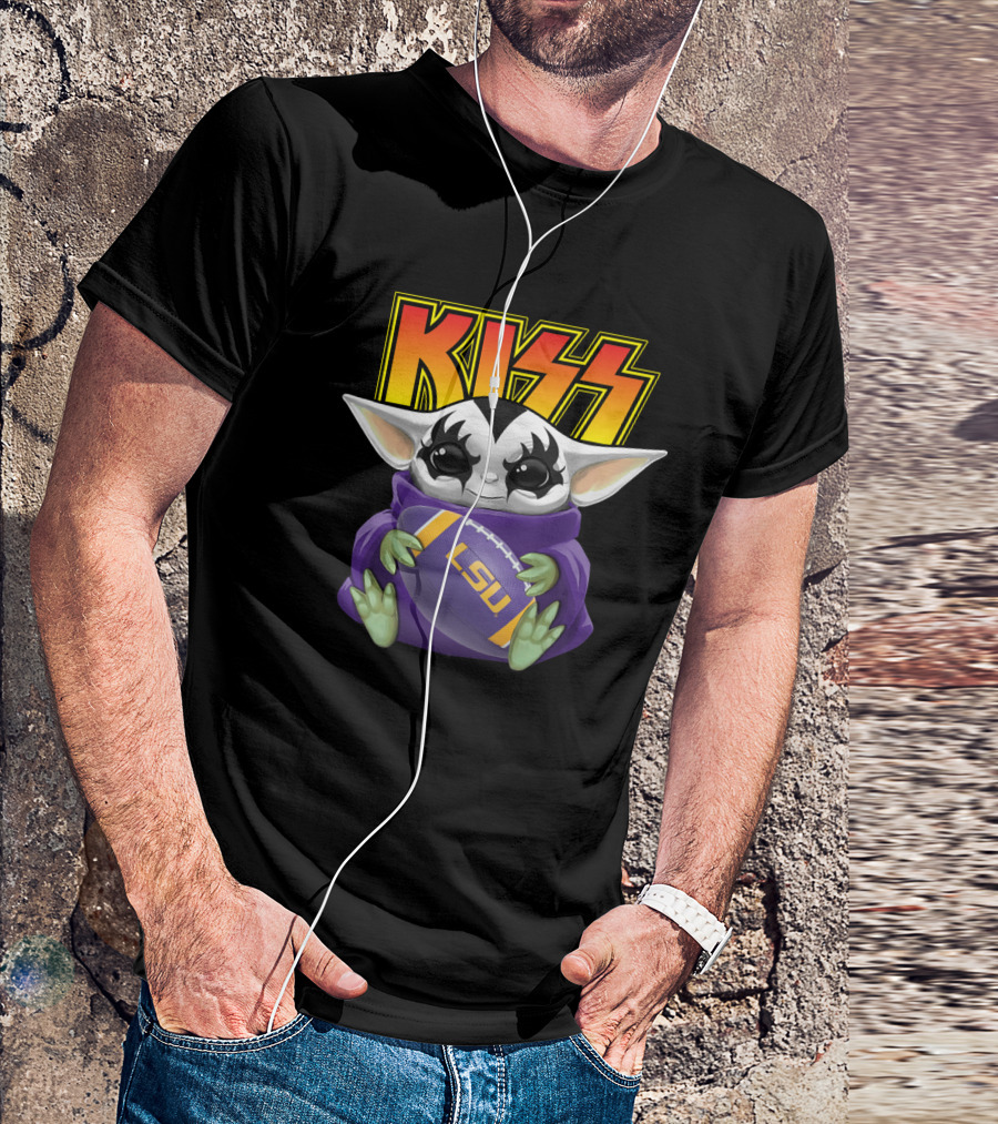 KISS Baby Yoda Holding LSU Tigers Football T-Shirt