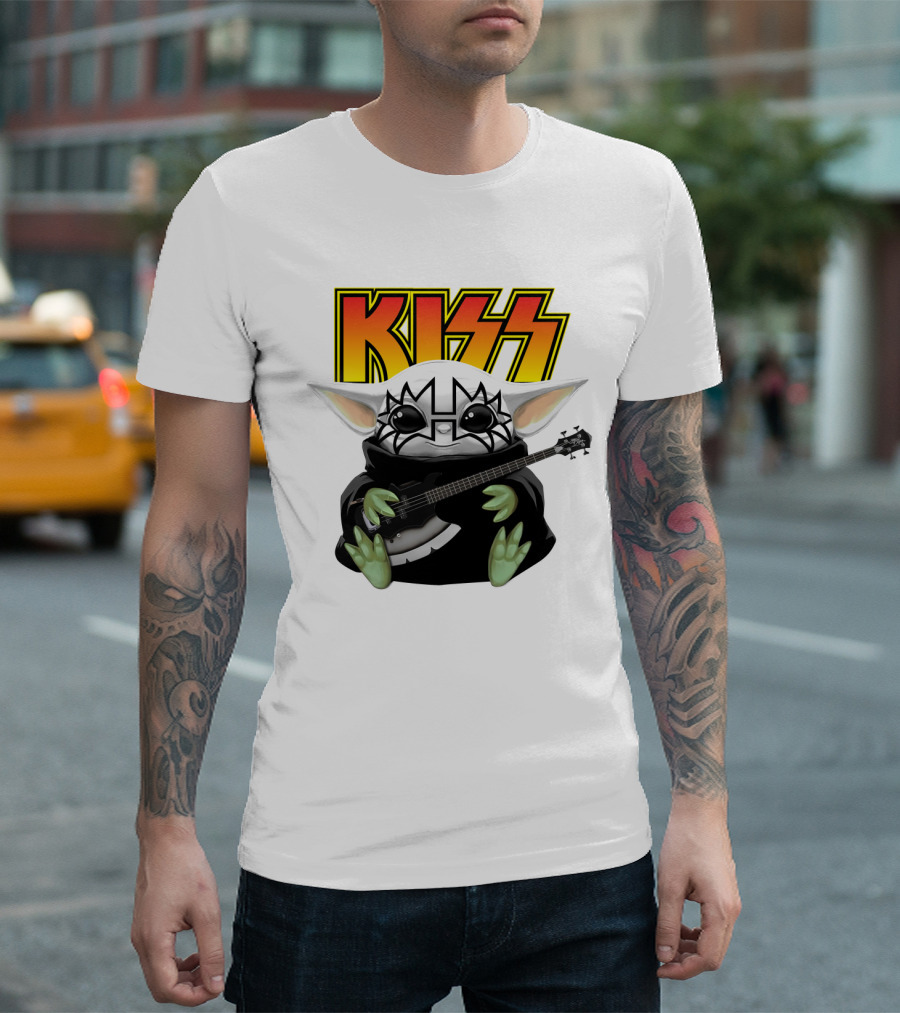 KISS Baby Yoda With Guitar In Tommy Thayer Makeup T-Shirt