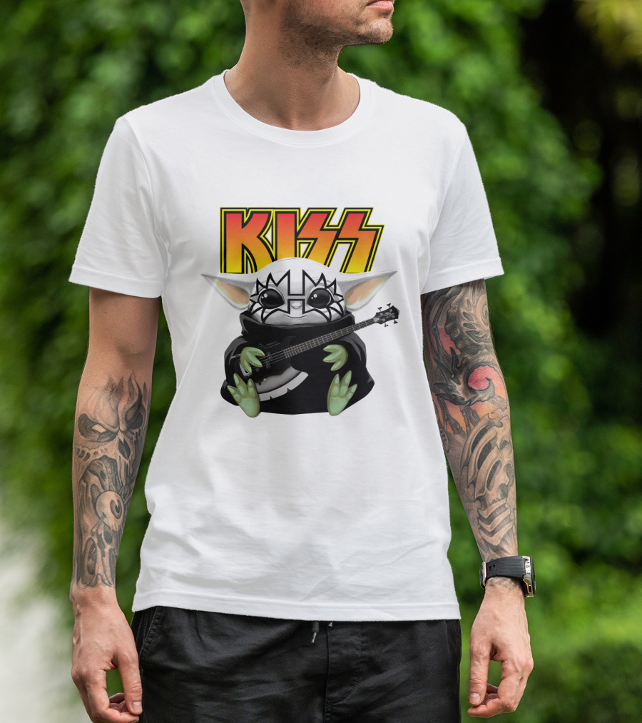 KISS Baby Yoda With Guitar In Tommy Thayer Makeup T-Shirt