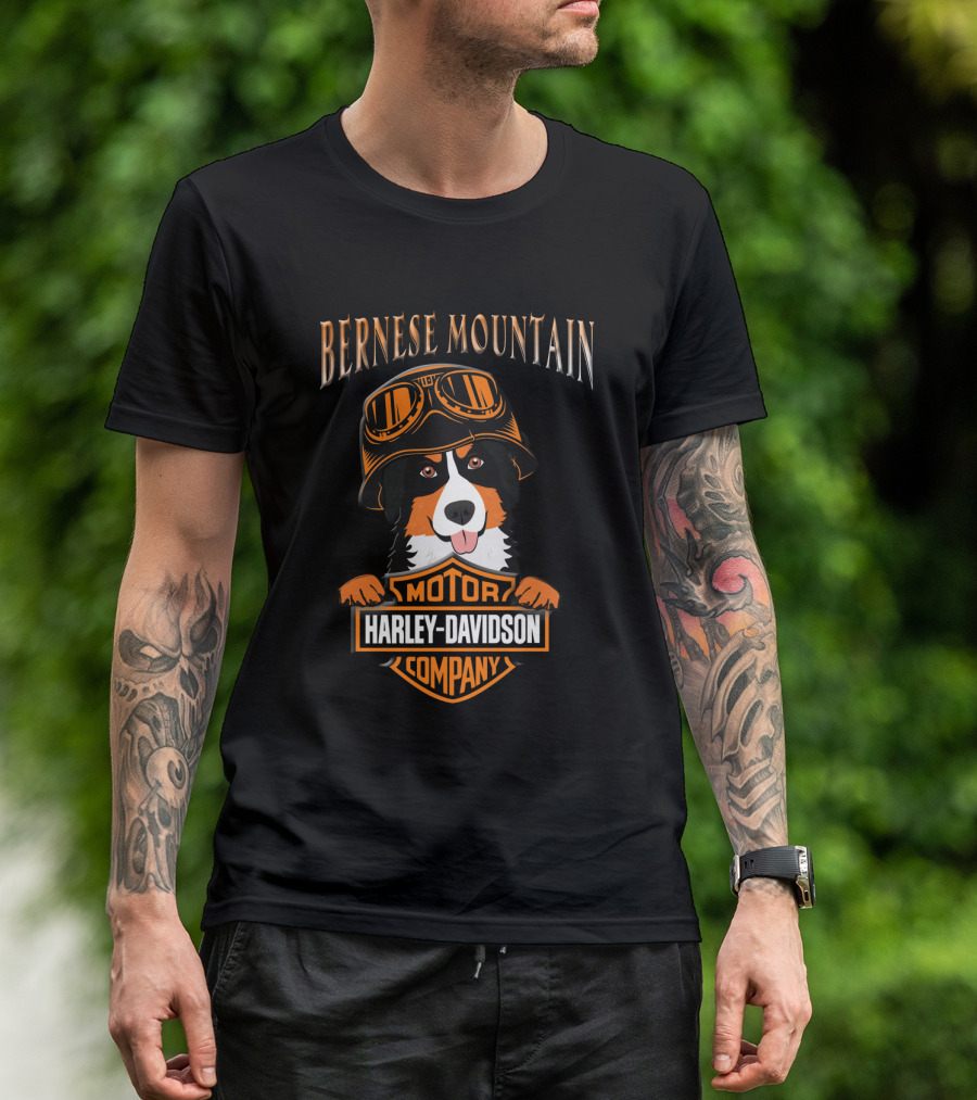 Bernese Mountain Harley Davidson Motorcycle Company Dog With Goggles T-Shirt
