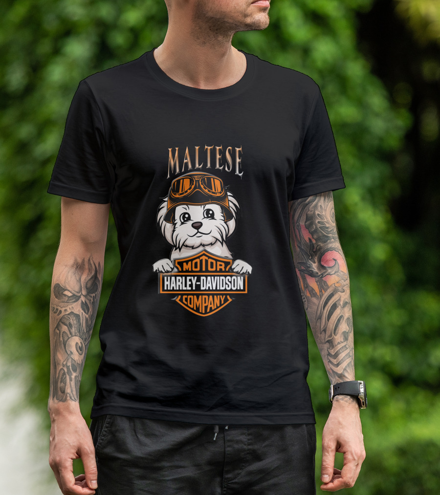 Maltese Harley Davidson Motor Company Dog With Goggles T-Shirt