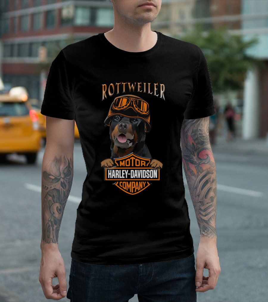 Rottweilers Harley Davidson Motorcycle Company Logo With Helmeted Dog T-Shirt