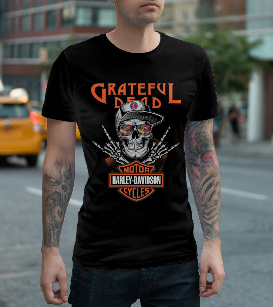 Grateful Dead Harley Davidson Skull With Steal Your Face Hat And Skeleton Hands T-Shirt