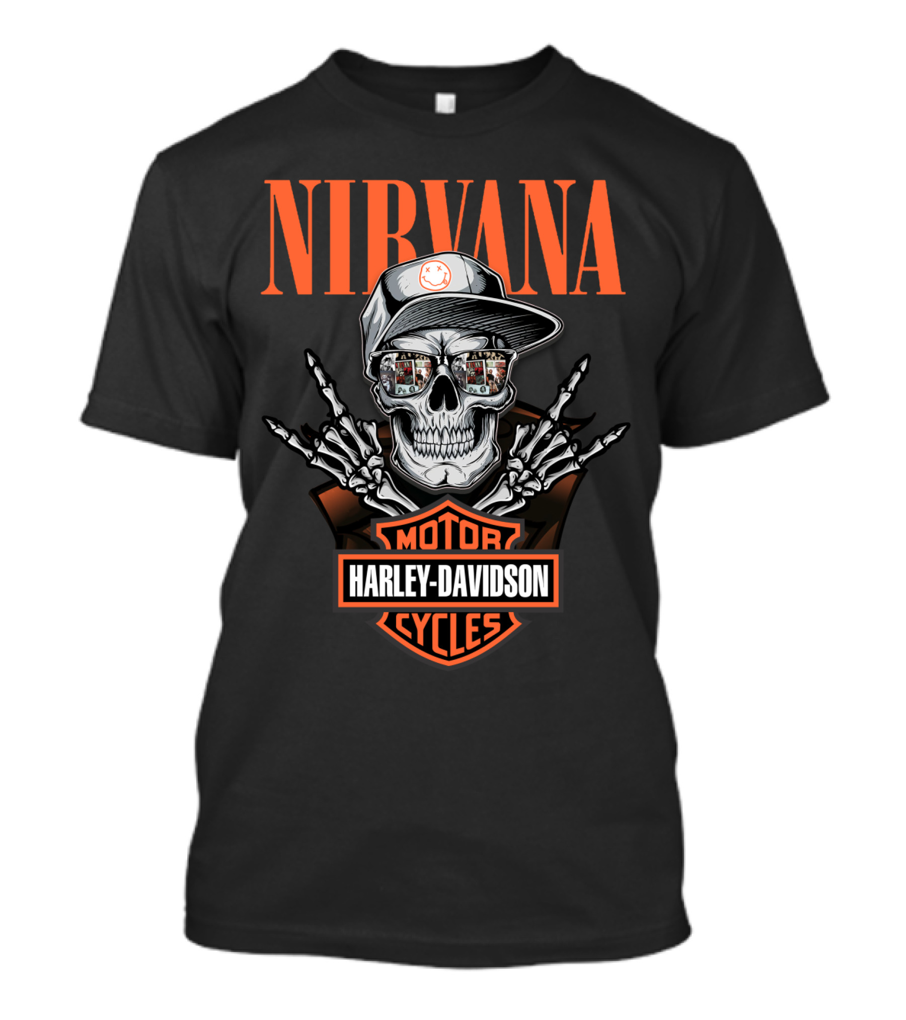 Harley Davidson Motorcycles Dh 34 Nirvana Skull With Cap And Skeleton Hands T-Shirt