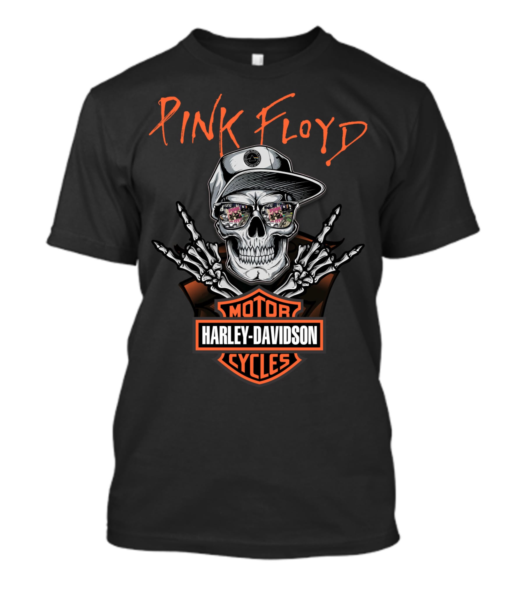 Pink Floyd Harley Davidson Skull With Cap And Skeleton Hand Motorcycles T-Shirt