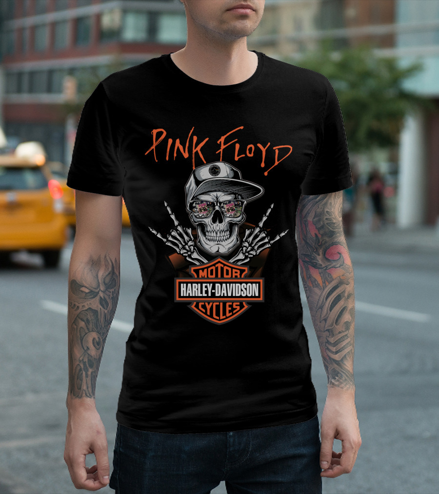 Pink Floyd Harley Davidson Skull With Cap And Skeleton Hand Motorcycles T-Shirt