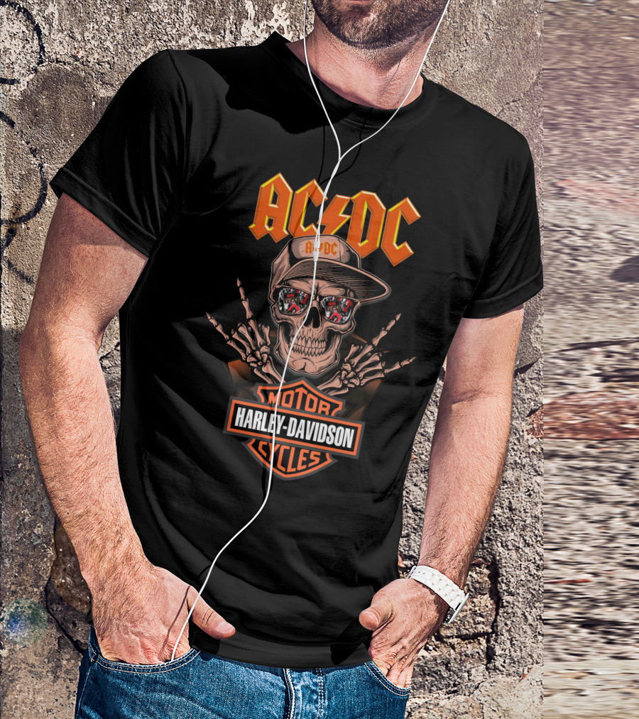 Acdc Harley Davidson Skull With Motorcycles Reflection And Lightning T-Shirt