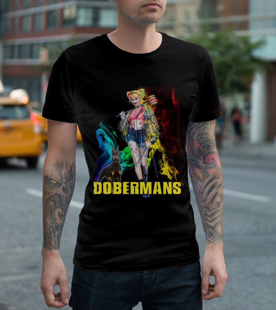 Harley Quinn Dobermans Colorful Character With Mallet And Dog T-Shirt