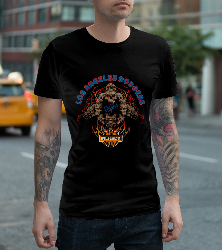 Los Angeles Dodgers Harley Davidson Skull Flame Motorcycle T-Shirt