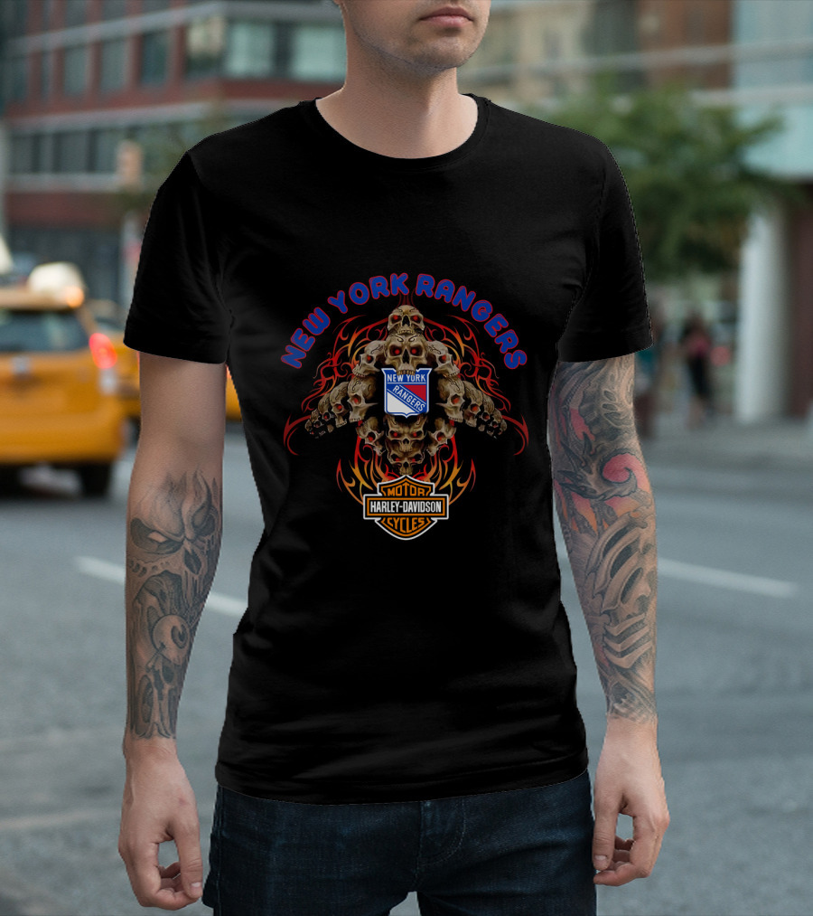 New York Rangers Harley Davidson Motorcycles Skull Flame T-Shirt