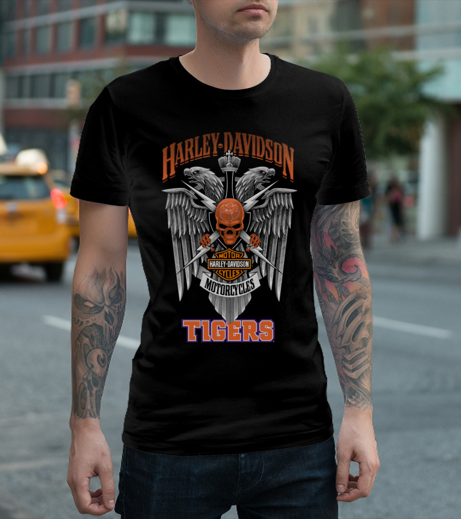 Harley Davidson Motorcycles Clemson Tigers Skull Wings T-Shirt