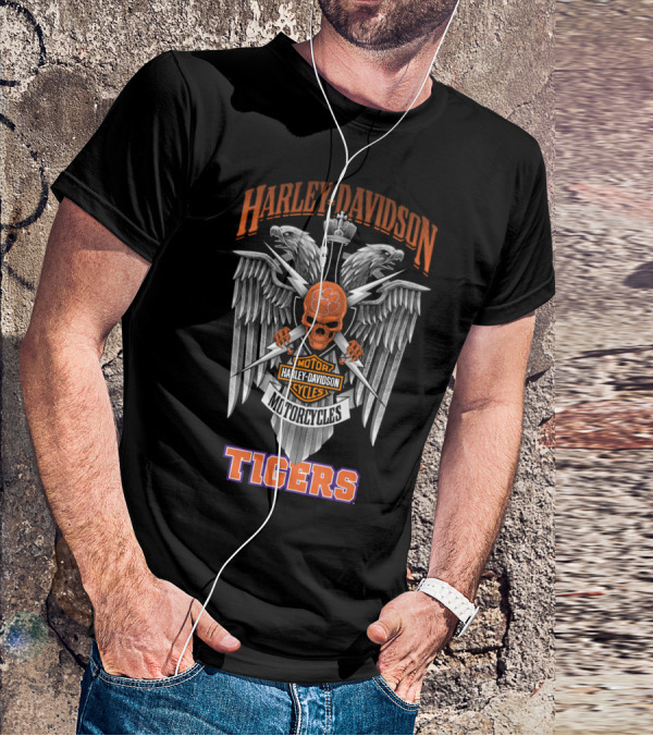 Harley Davidson Motorcycles Clemson Tigers Skull Wings T-Shirt