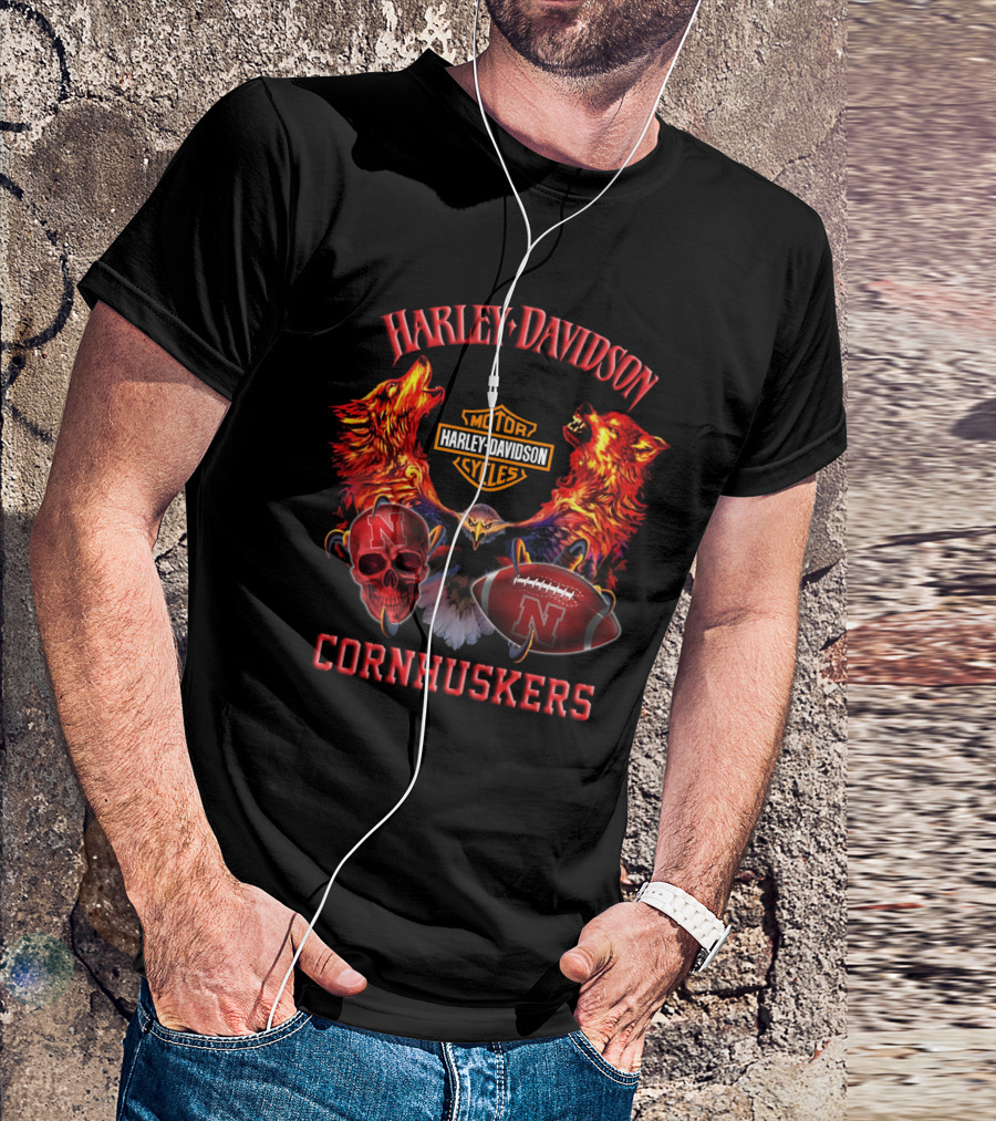 Harley Davidson Nebraska Cornhuskers Football Skull Wolves T-Shirt