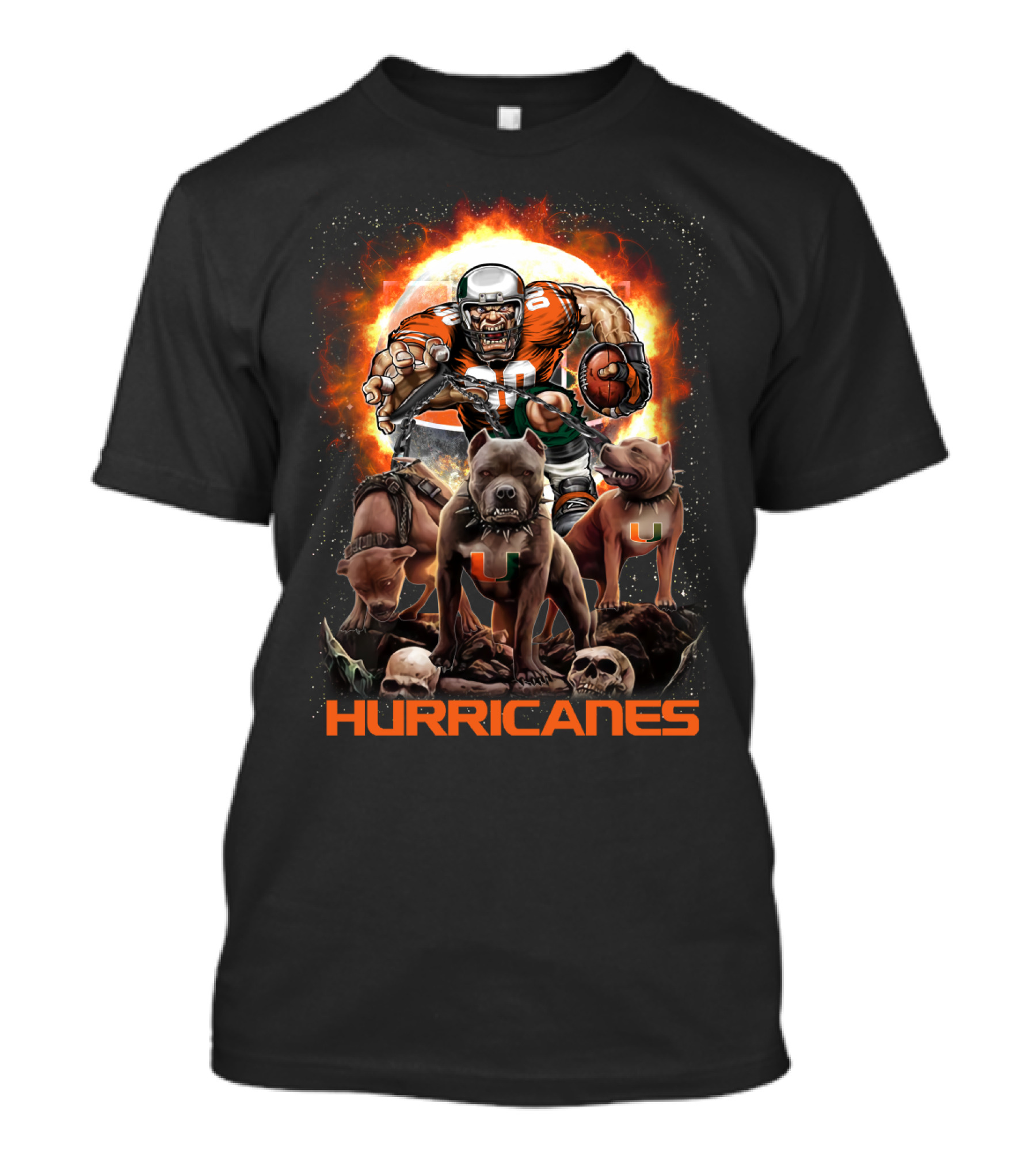 Hurricanes Dh 49 Miami Football Dogs And Skull Action Scene T-Shirt
