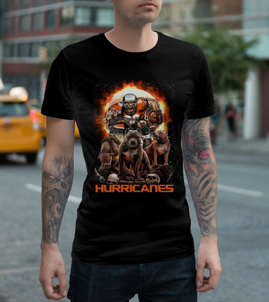 Hurricanes Dh 49 Miami Football Dogs And Skull Action Scene T-Shirt