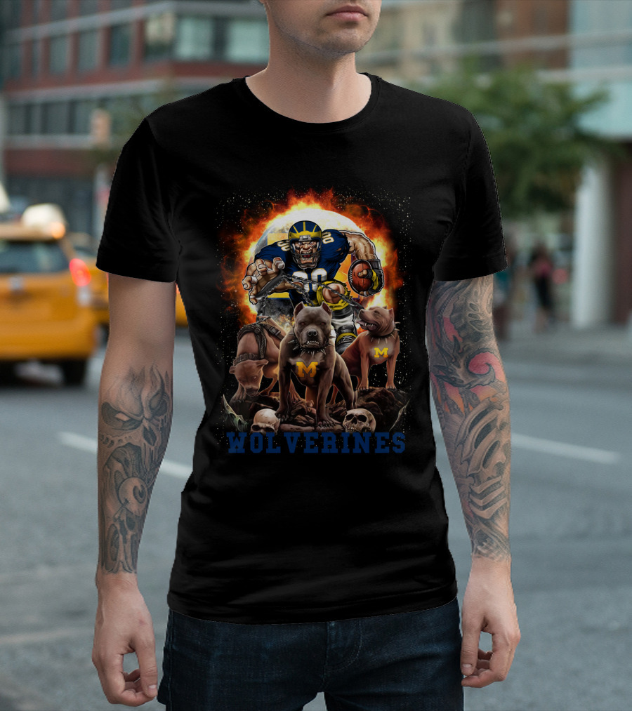 Michigan Wolverines Football Player With Dogs And Flames T-Shirt