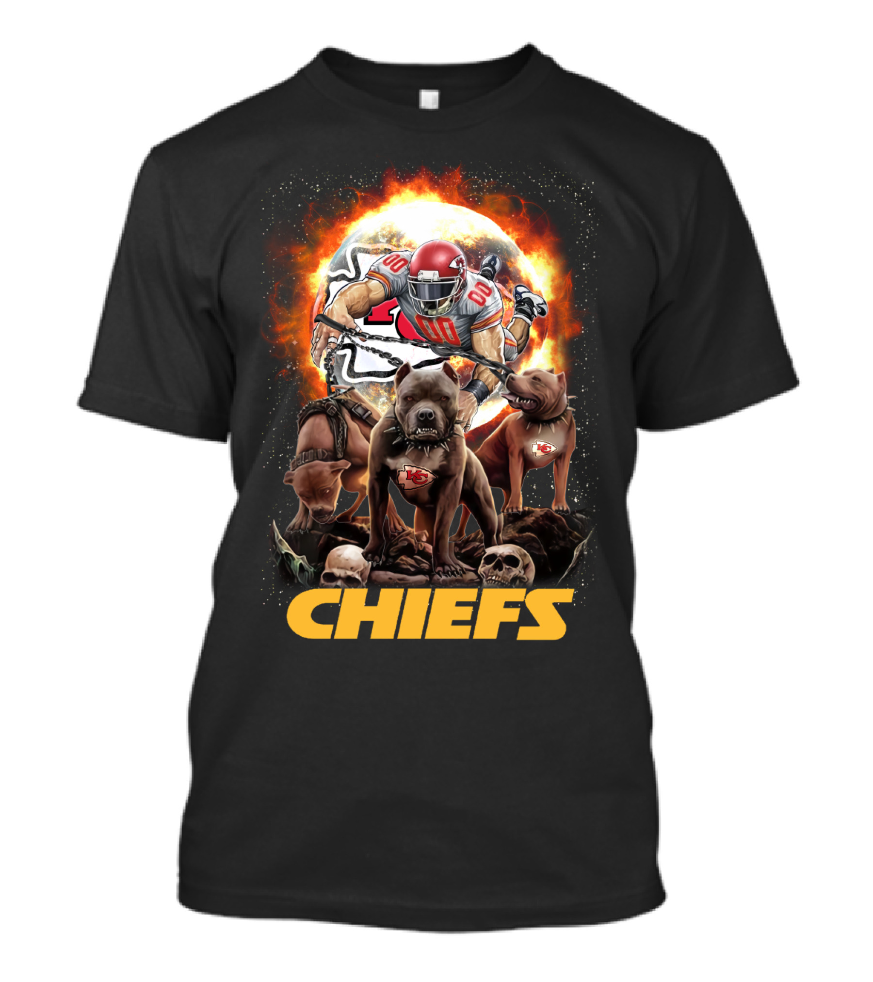 Chiefs Football Player With Dogs And Fiery T-Shirt