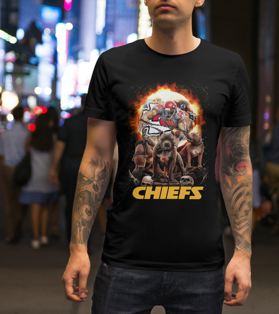 Chiefs Football Player With Dogs And Fiery T-Shirt