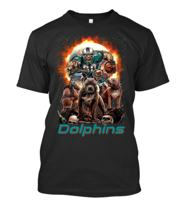Miami Dolphins Dh 49 Md Comic Style Power Play With Dogs And Football T-Shirt