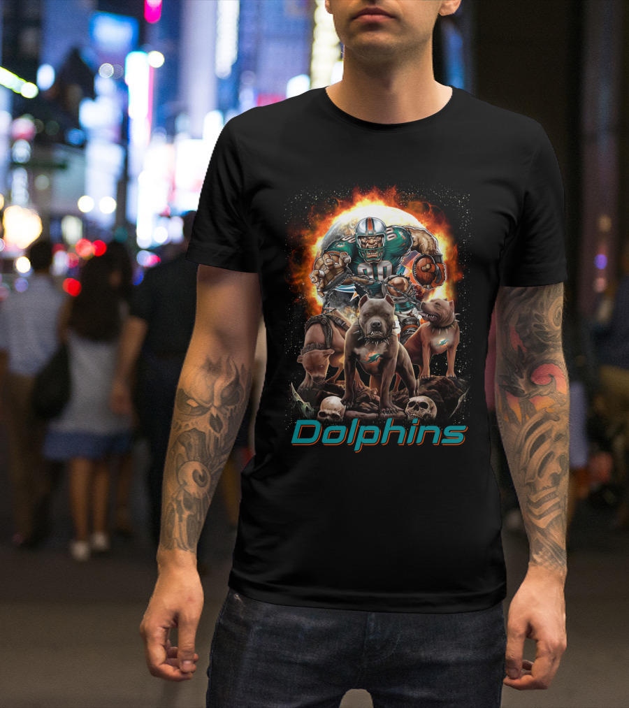 Miami Dolphins Dh 49 Md Comic Style Power Play With Dogs And Football T-Shirt
