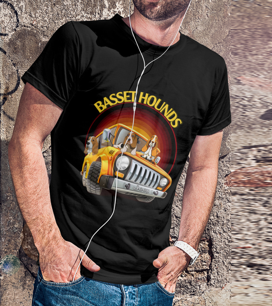 Basset Hounds Jeep Adventure With Dh 51 Basset Hounds Car T-Shirt