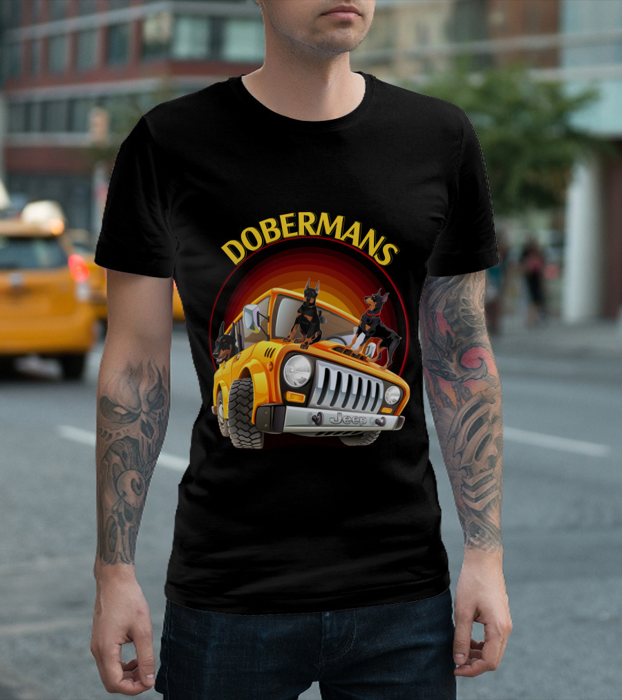 Dobermans Riding Yellow Jeep Adventure T-Shirt
