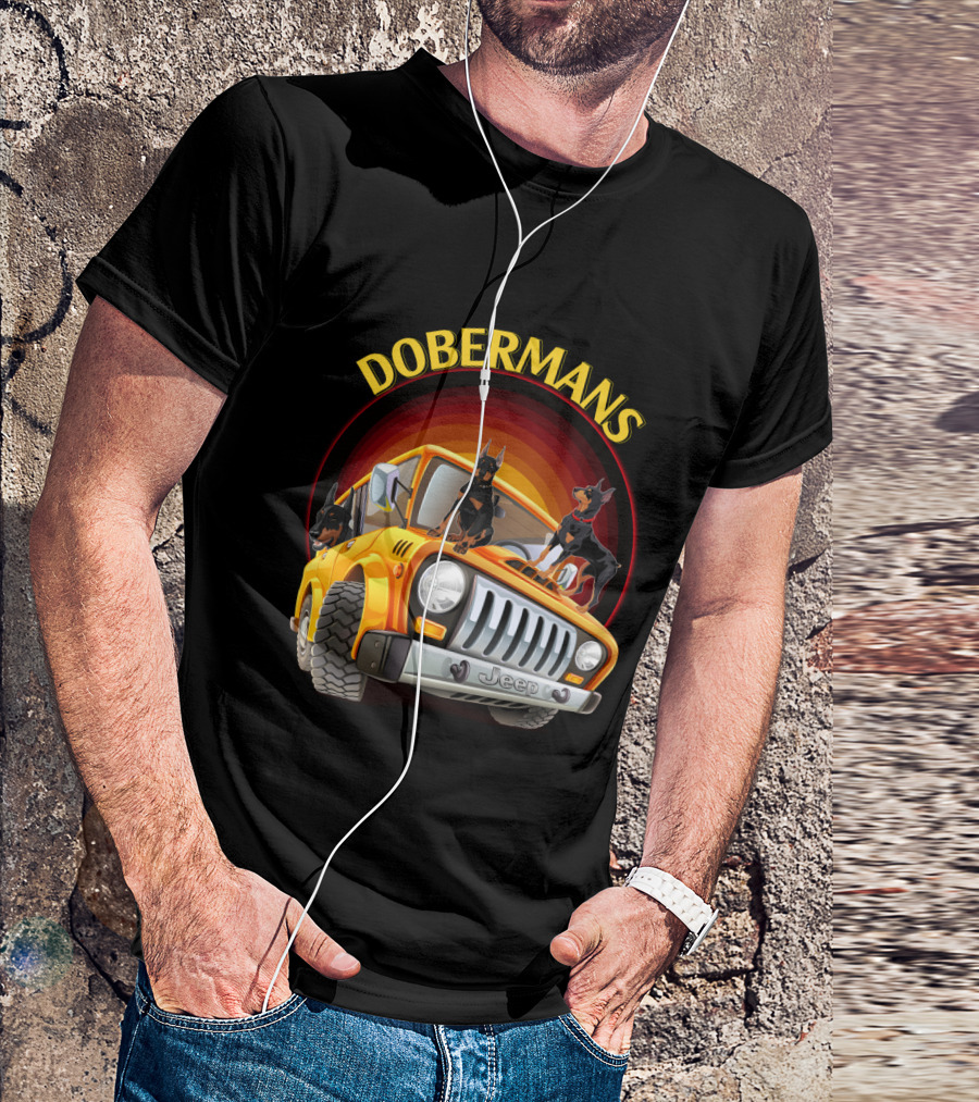 Dobermans Riding Yellow Jeep Adventure T-Shirt