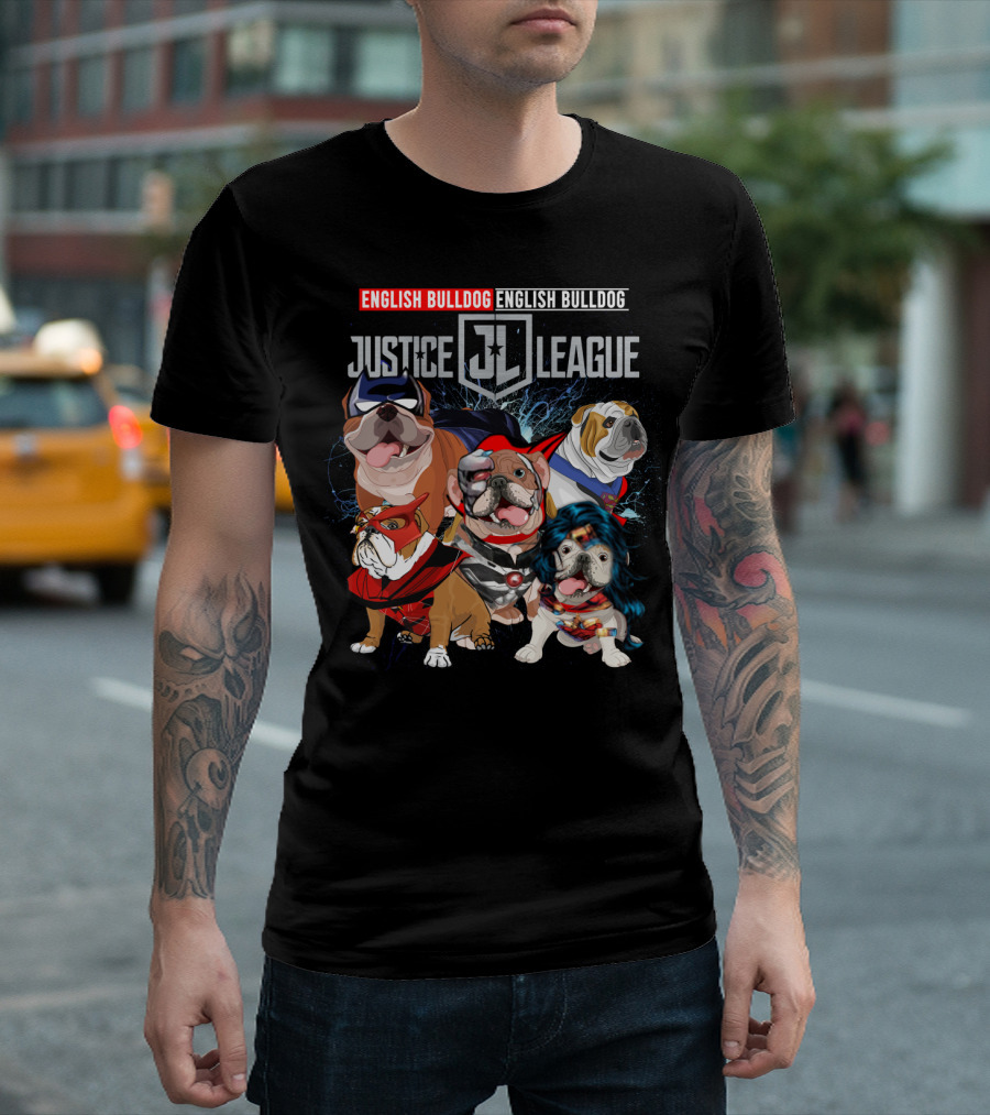 Justice League English Bulldog Superhero Team DH 55 T-Shirt