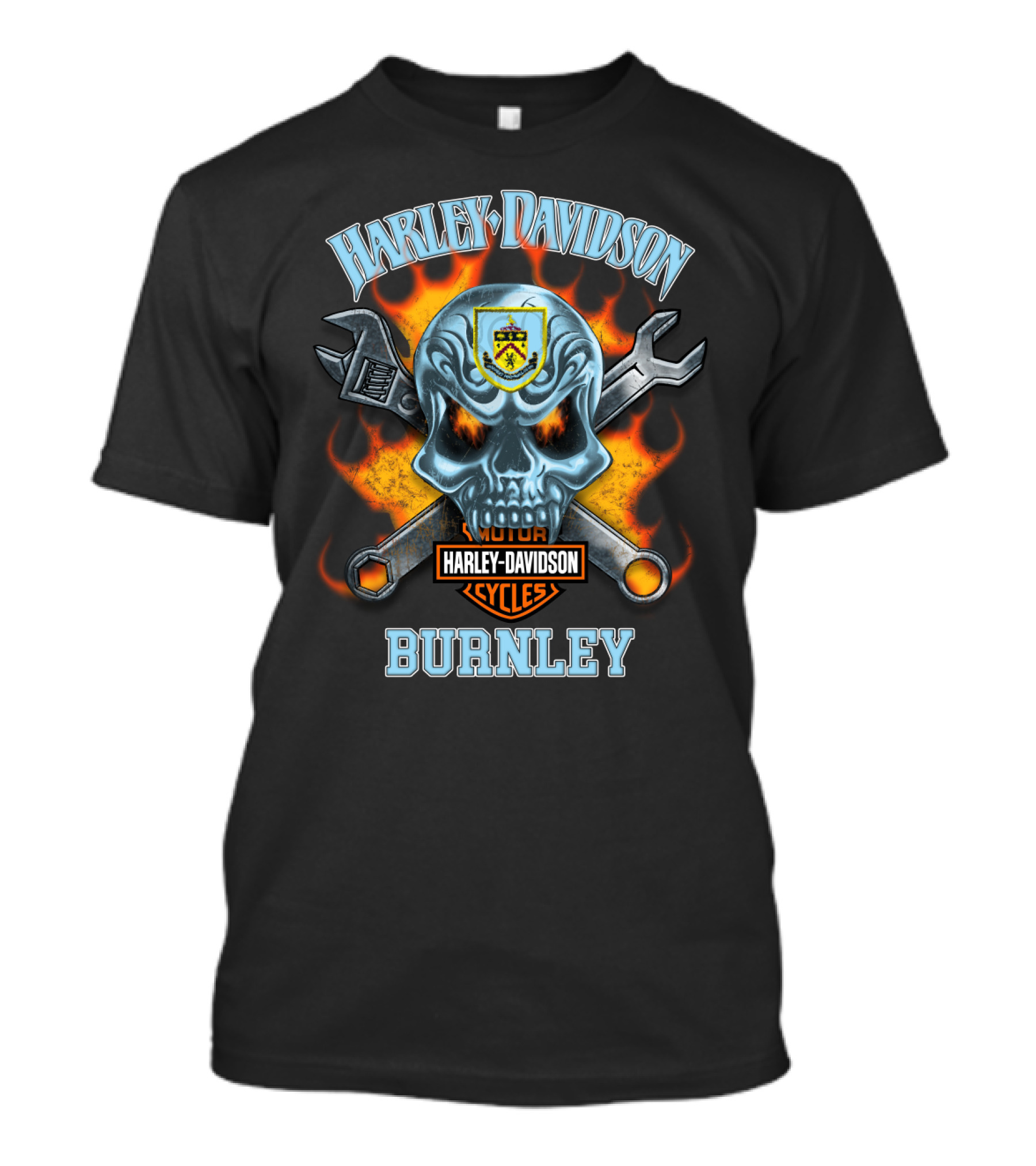 Harley Davidson Motor Cycles Burnley Skull And Tools Flames T-Shirt