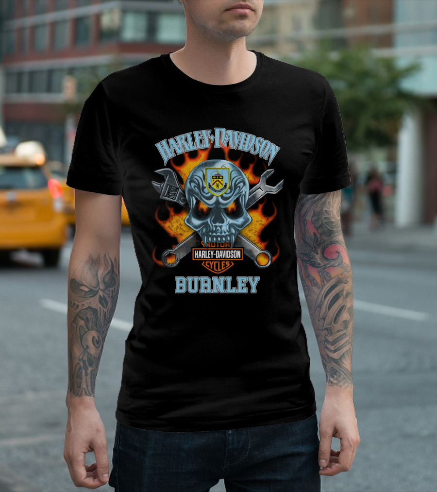 Harley Davidson Motor Cycles Burnley Skull And Tools Flames T-Shirt