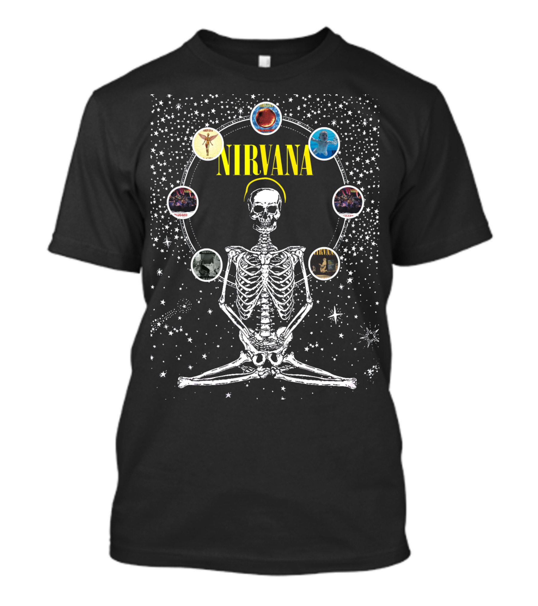Nirvana Skeleton Meditation Album Circle Cosmic Art T-Shirt
