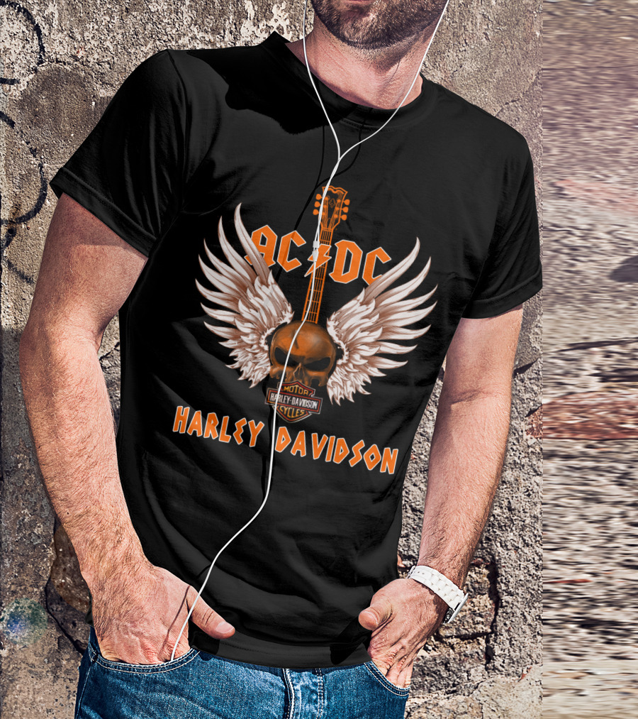 Ac Dc Harley Davidson Motor Cycles Skull Wings Guitar T-Shirt