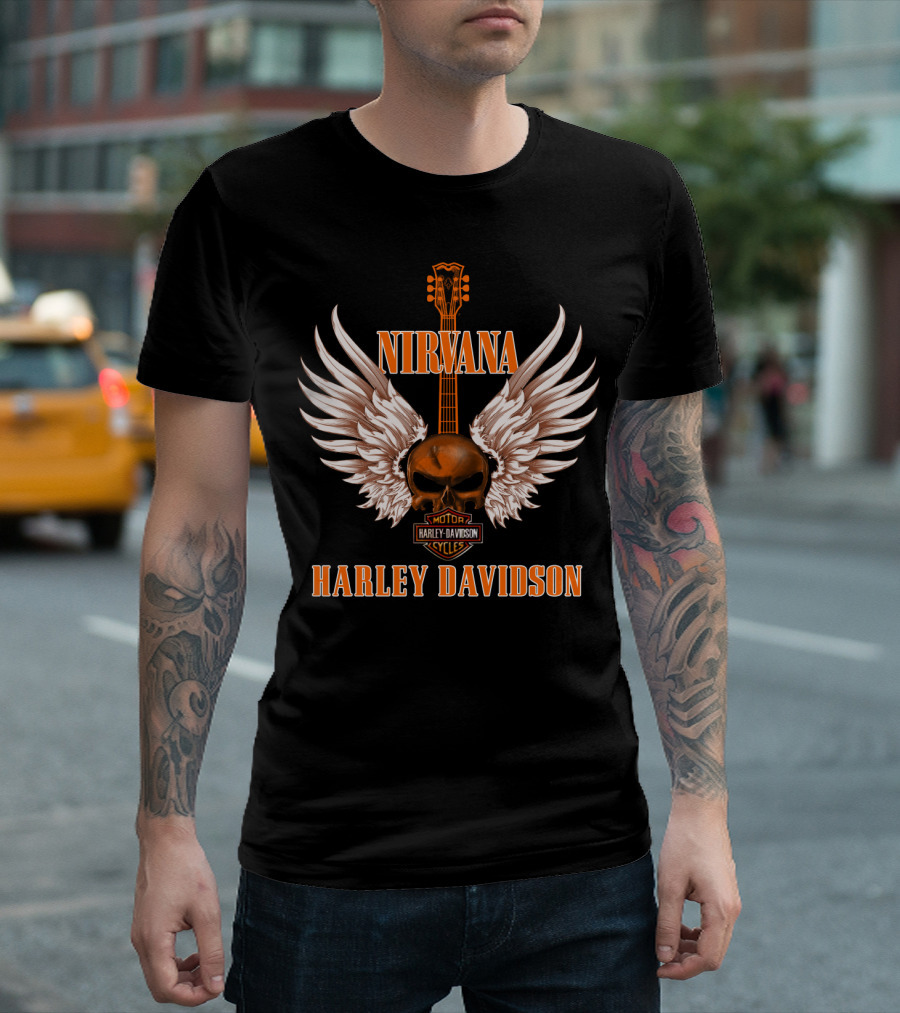 Nirvana Harley Davidson Skull Wing Guitar T-Shirt