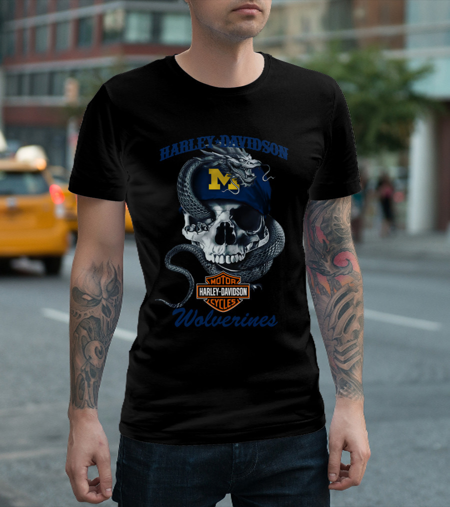 Harley Davidson Michigan Wolverines Skull Dragon Motor Cycles T-Shirt